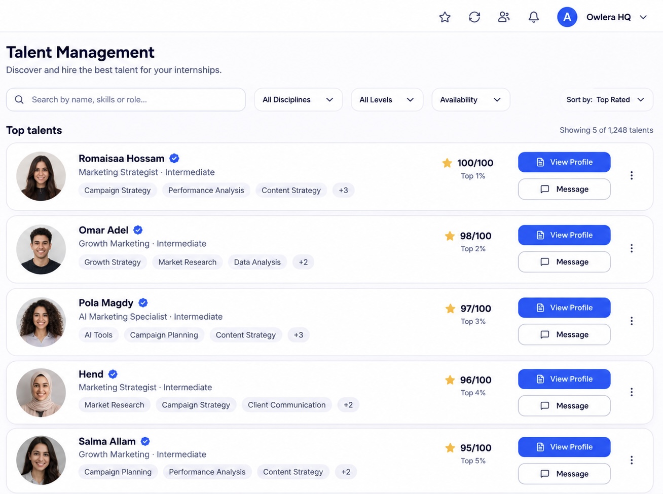 Owlera top talents directory with verified scores, skills and messaging