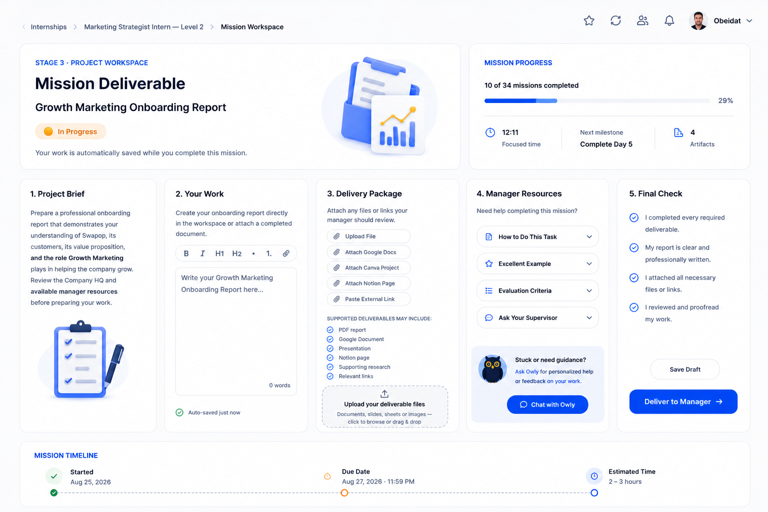Owlera mission workspace with project brief, delivery package and AI supervisor