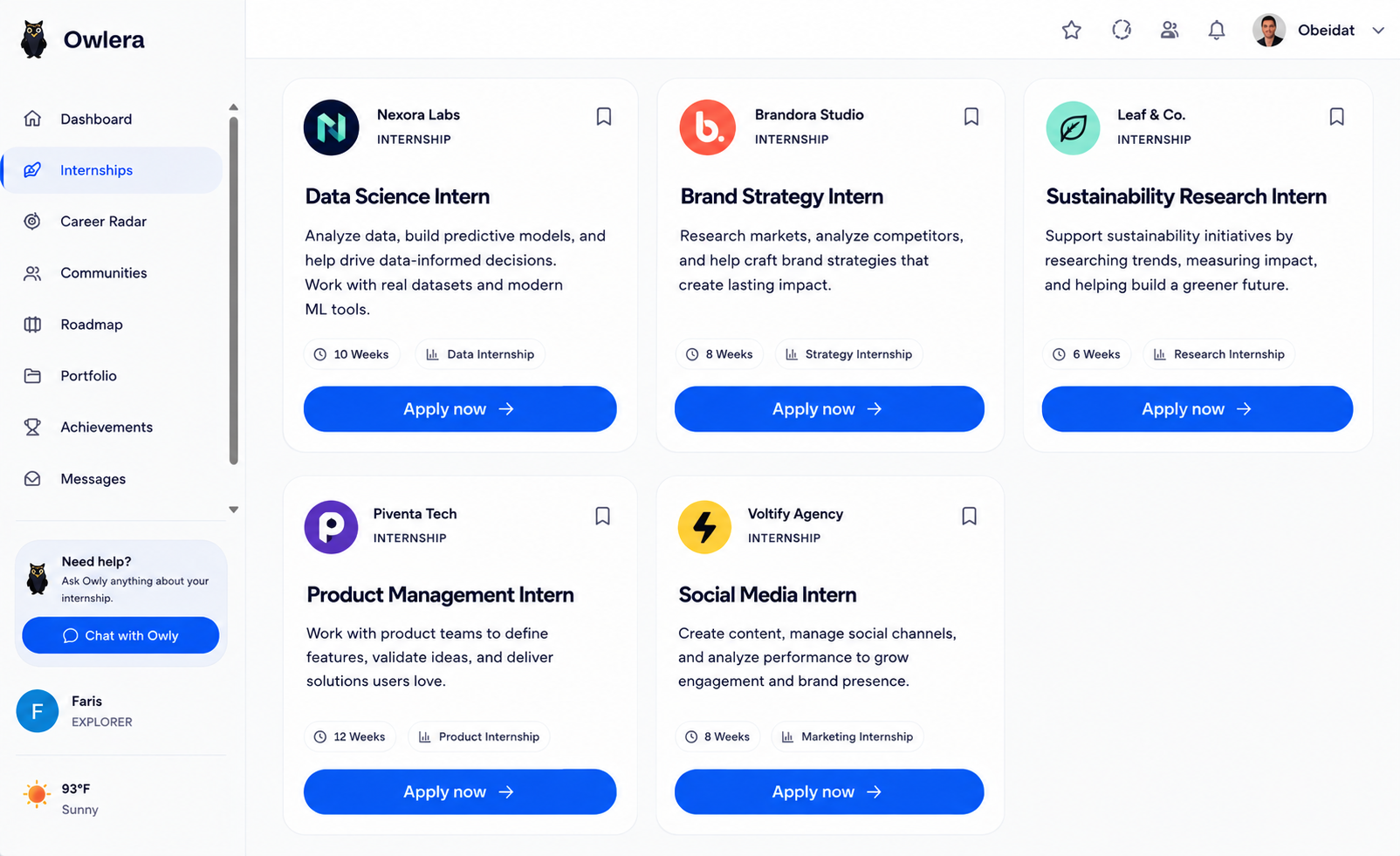Owlera internship marketplace with company internship opportunities