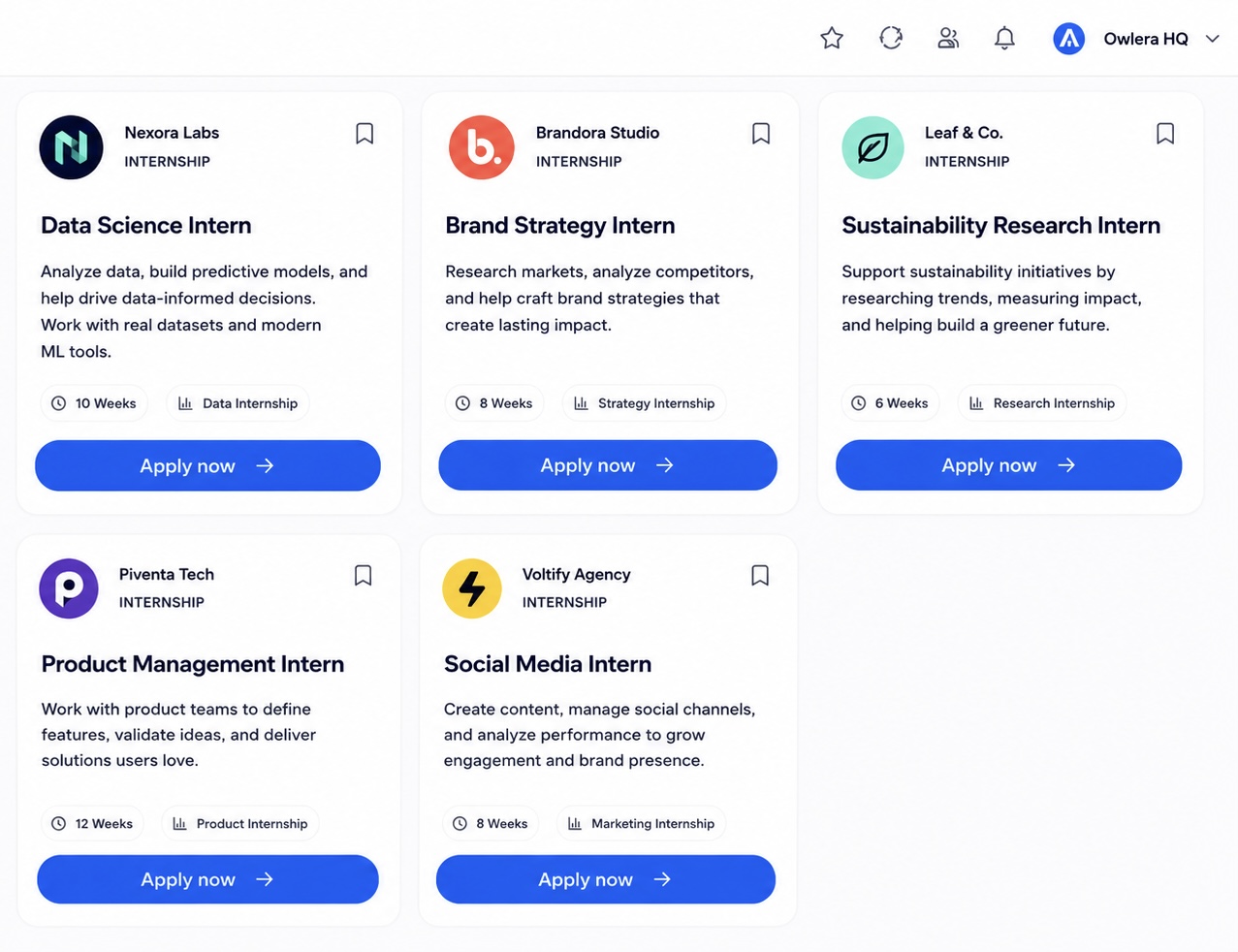 Owlera employer internships page with multiple internship programs