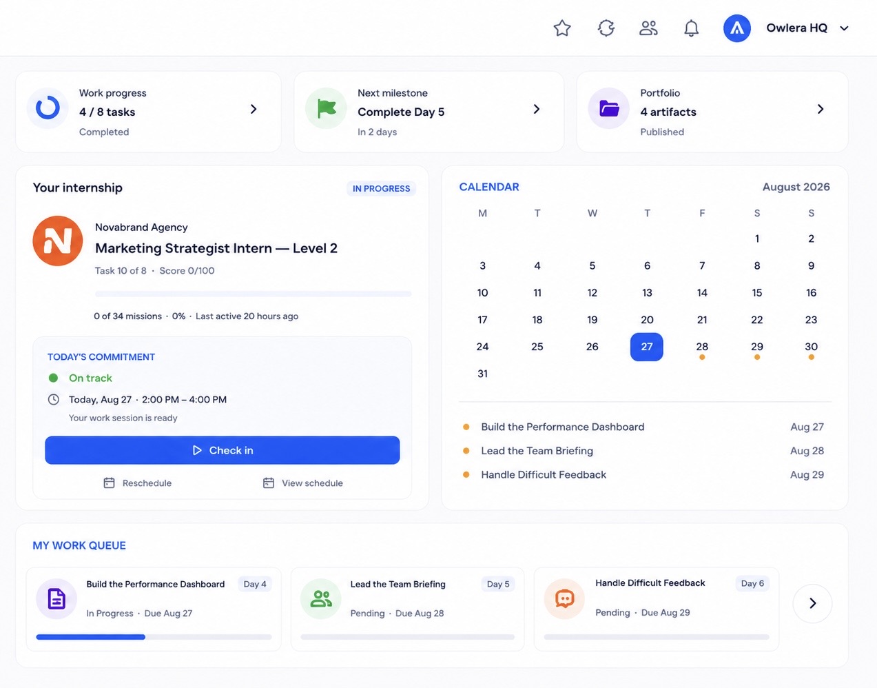 Owlera intern dashboard with work session, calendar, check-in and work queue