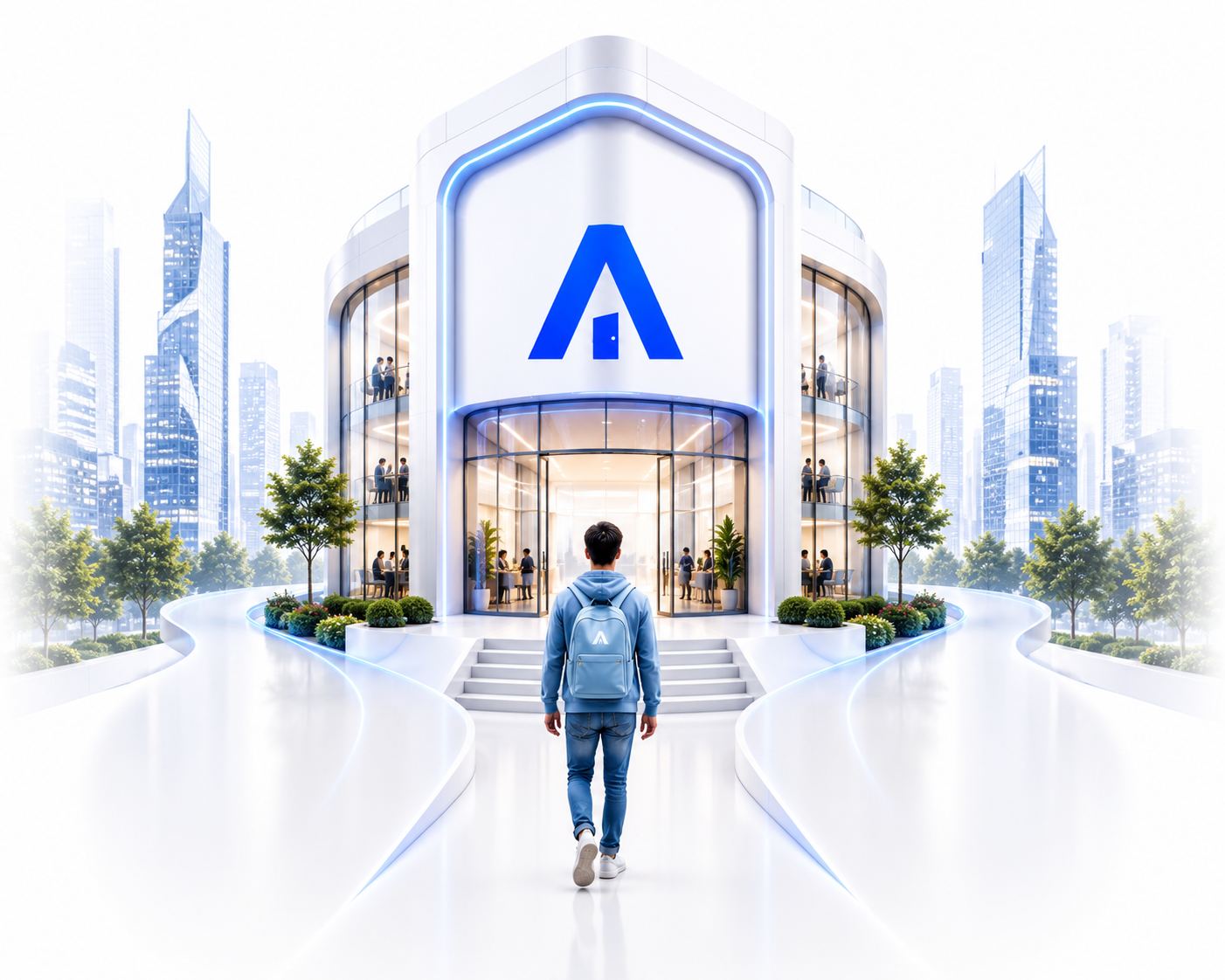 A student walking into the modern white Owlera headquarters, surrounded by a futuristic city skyline